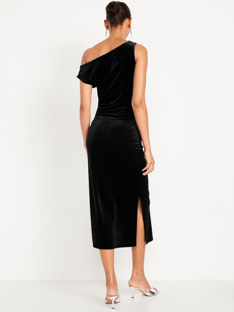 High-Waisted Ruched Velvet Midi Skirt