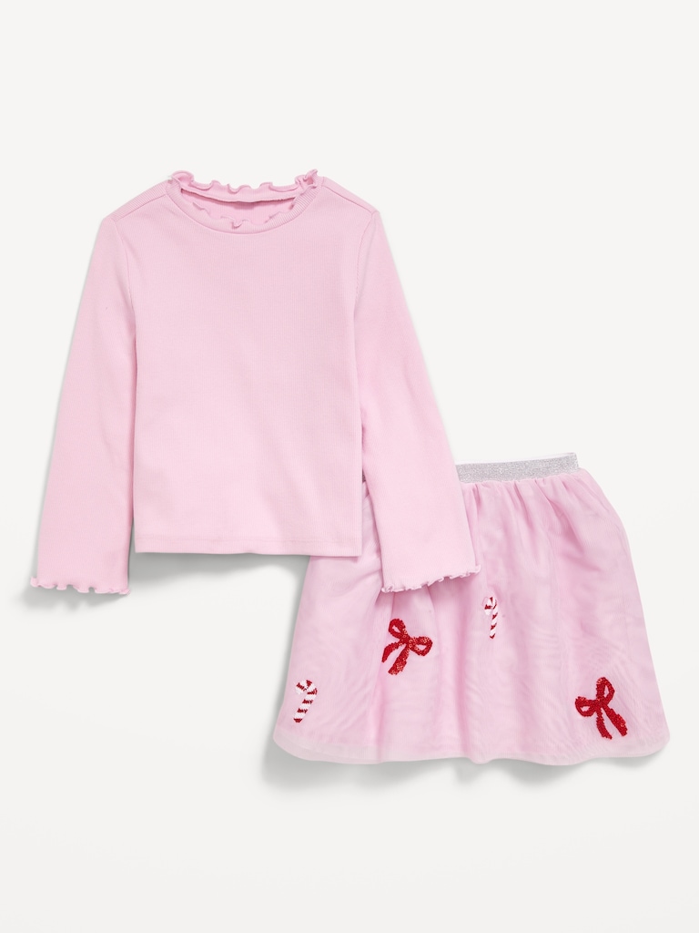 Long-Sleeve T-Shirt and Tutu Skirt Set for Toddler Girls