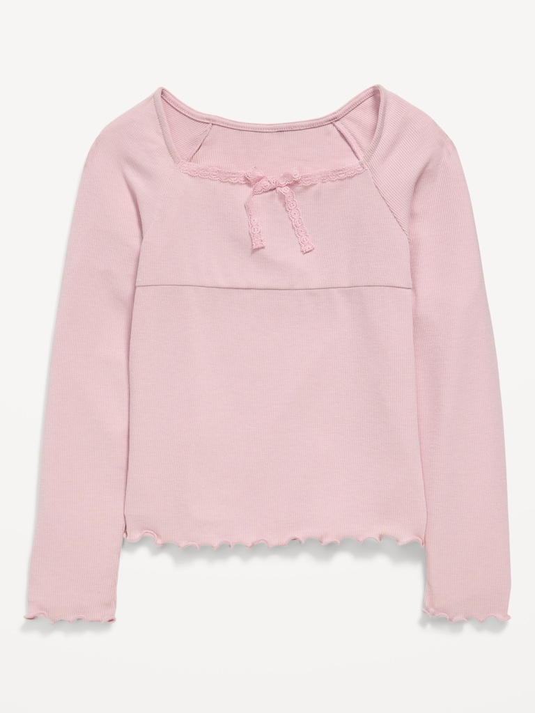 Fitted Long-Sleeve Lace-Tie Ribbed T-Shirt for Girls