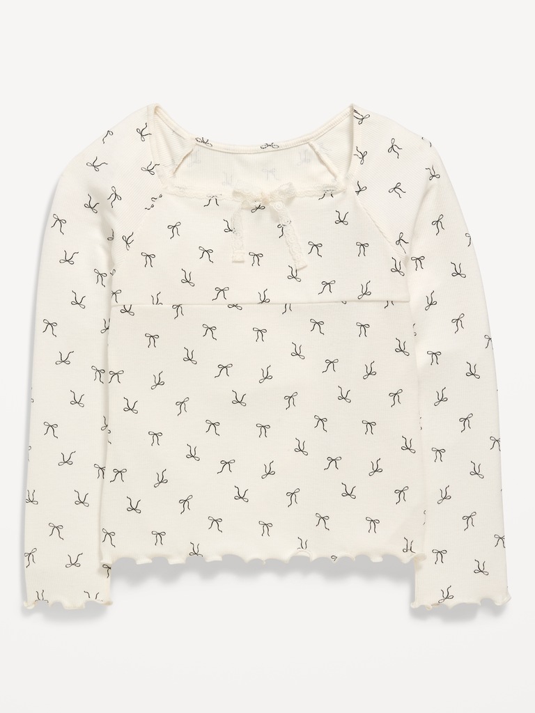 Fitted Long-Sleeve Lace-Tie Ribbed T-Shirt for Girls