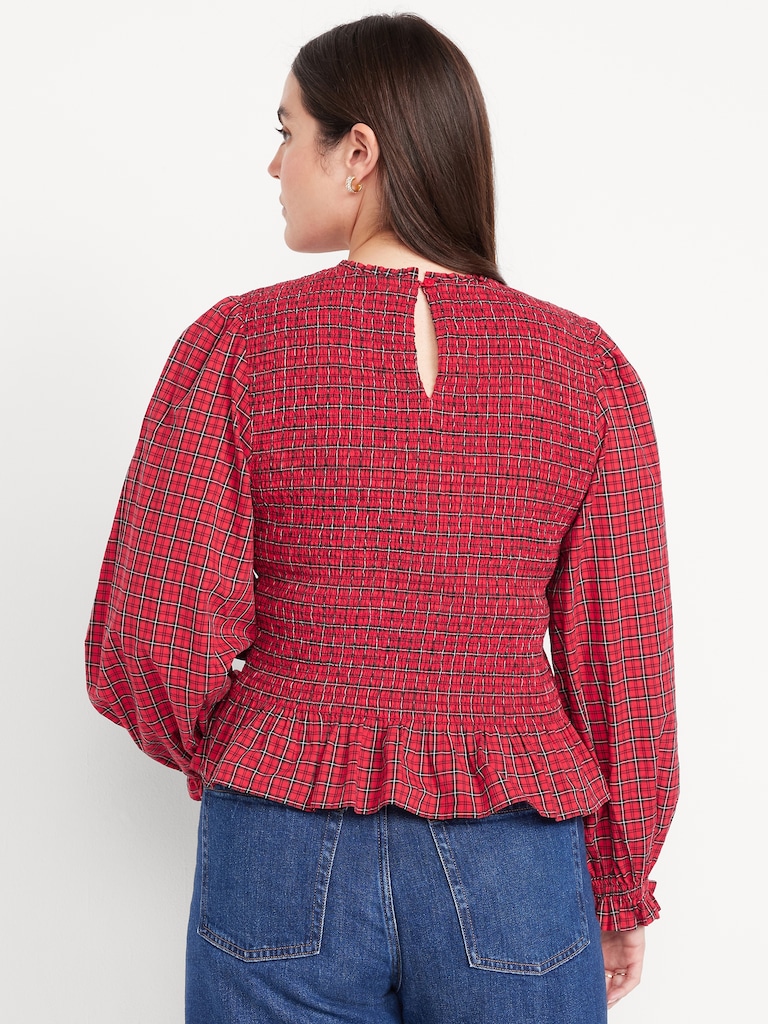 Long-Sleeve Plaid Smocked Top