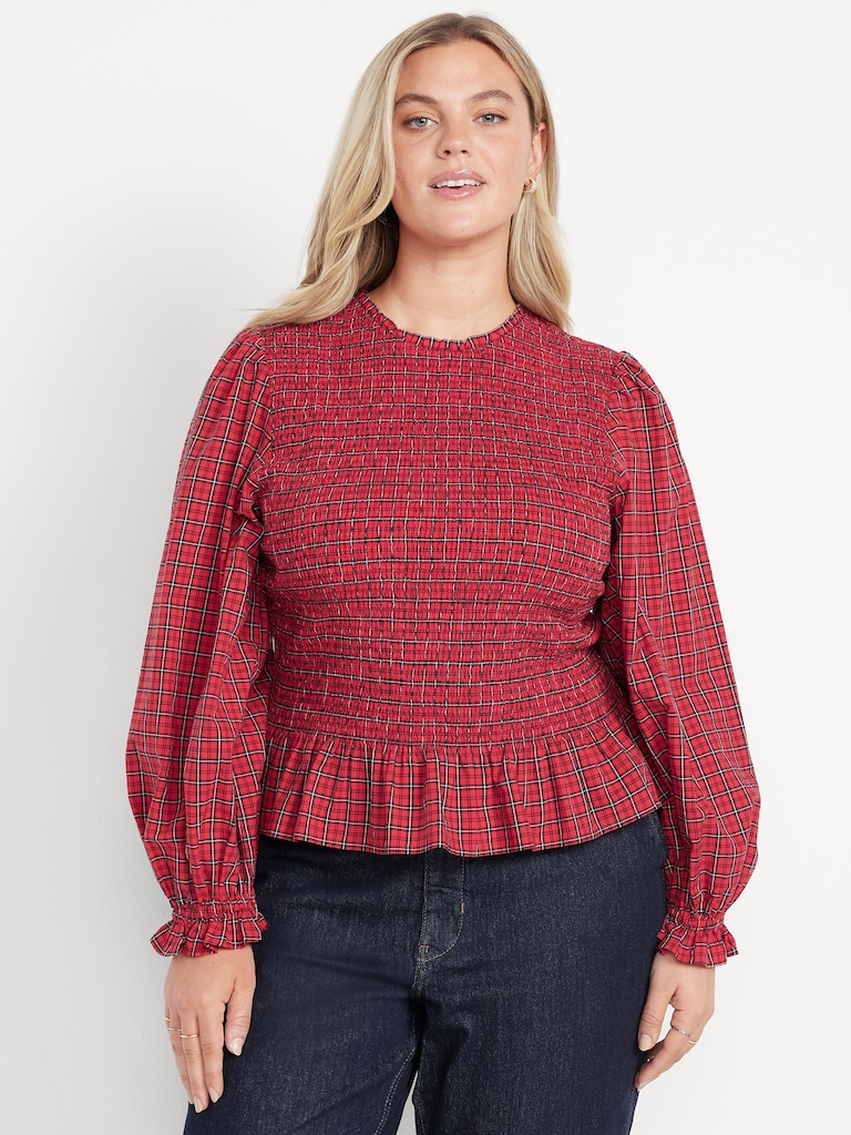 Long-Sleeve Plaid Smocked Top