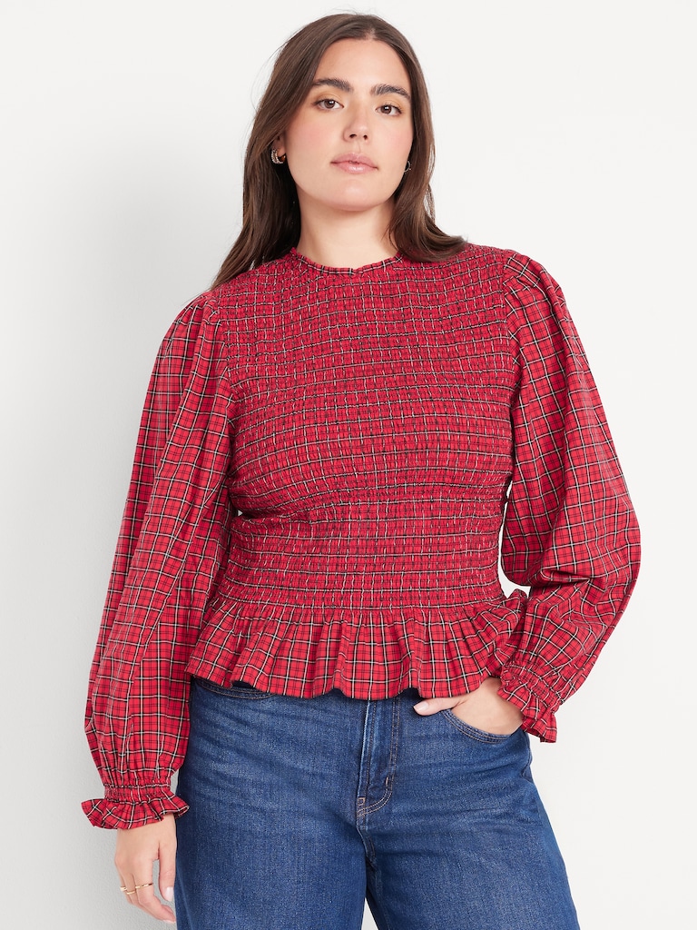 Long-Sleeve Plaid Smocked Top
