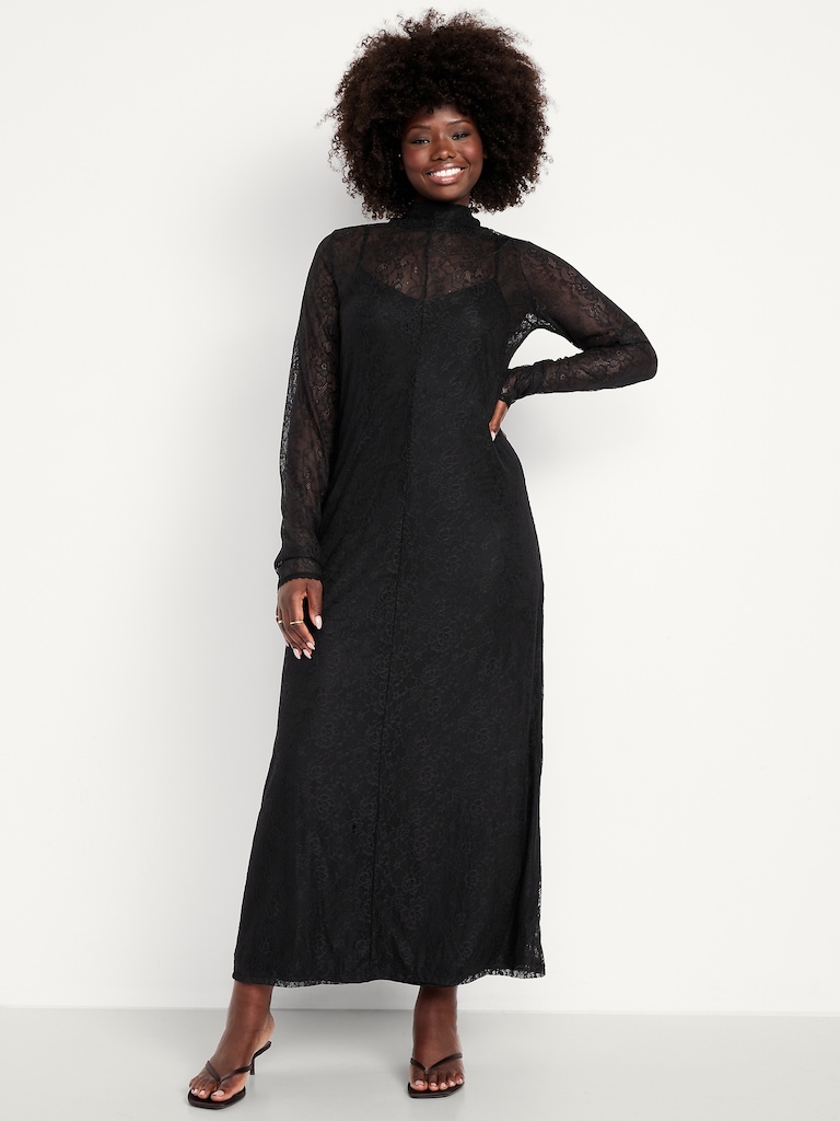 Mock Neck Lace Maxi Dress