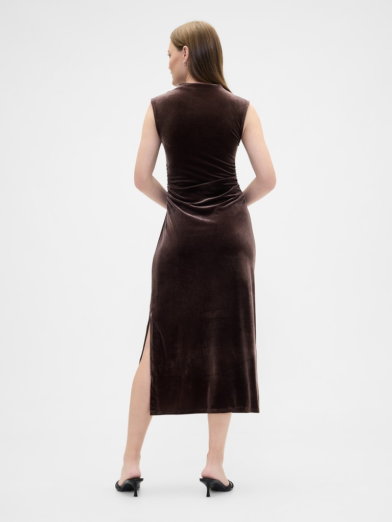 Ruched Velvet Mockneck Midi Dress