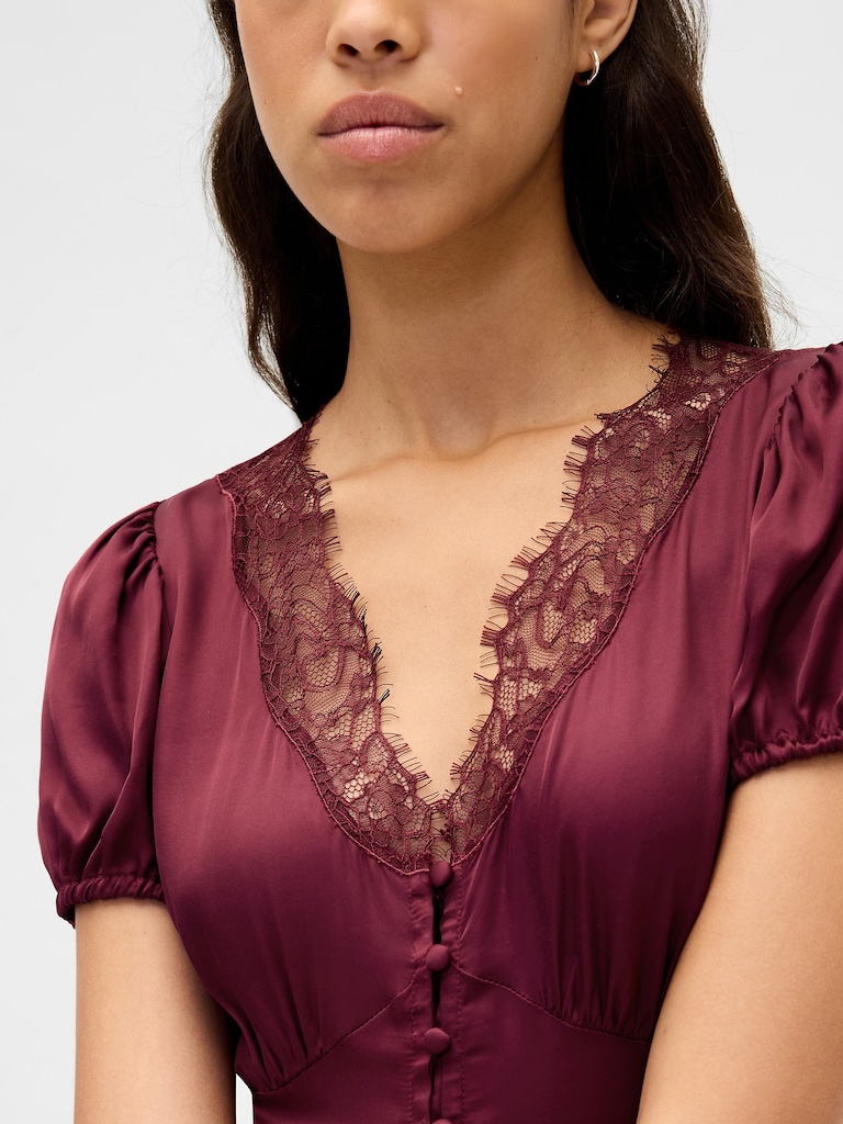 Satin Lace-Trim V-Neck Mini Dress