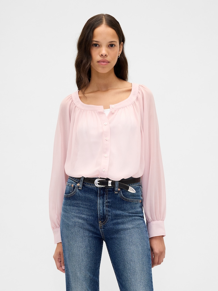 Recycled Sheer Button-Front Top