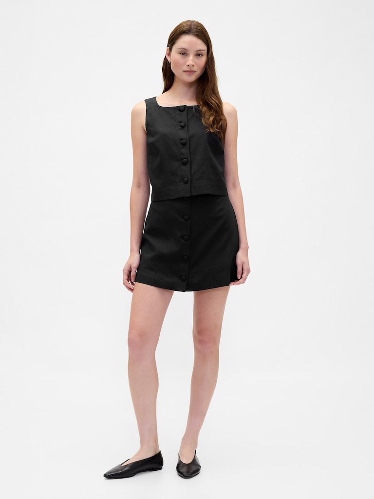 Linen-Blend Button-Front Mini Skort