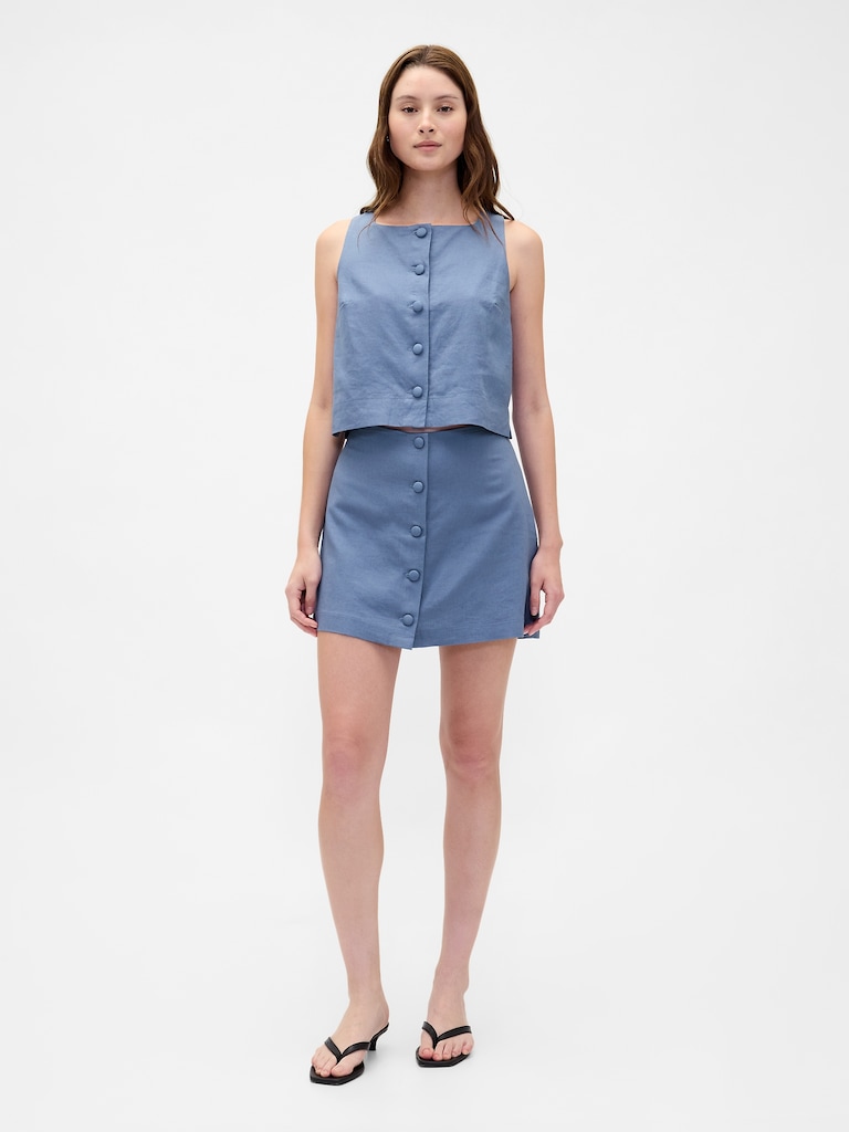 Linen-Blend Button-Front Mini Skort