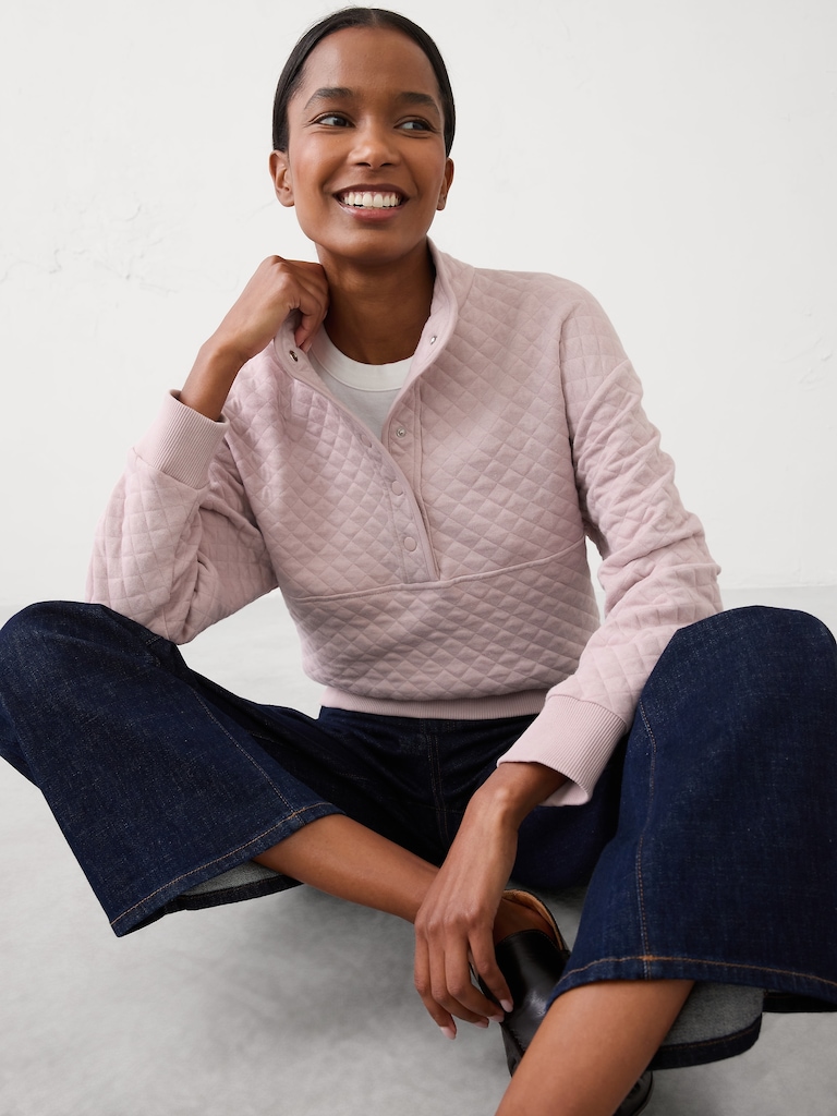 Snap-Collar Quilted Sweatshirt