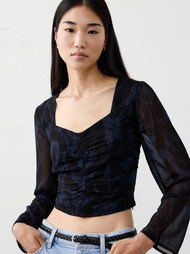 Cropped Shirred Sweetheart-Neck Top