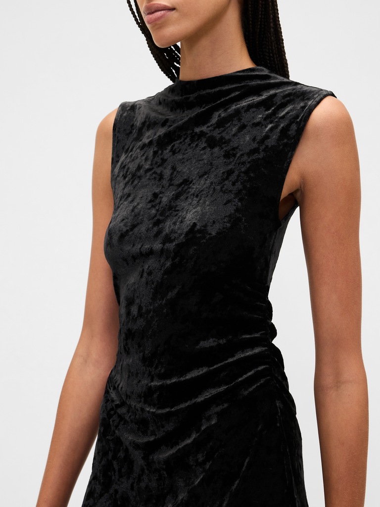 Ruched Velvet Mockneck Midi Dress