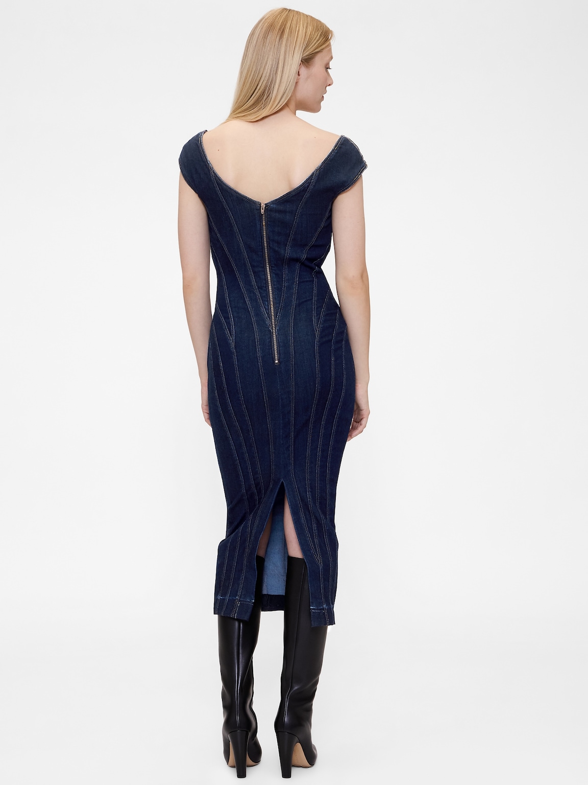 GapStudio Seamed Denim Cap-Sleeve Midi Dress