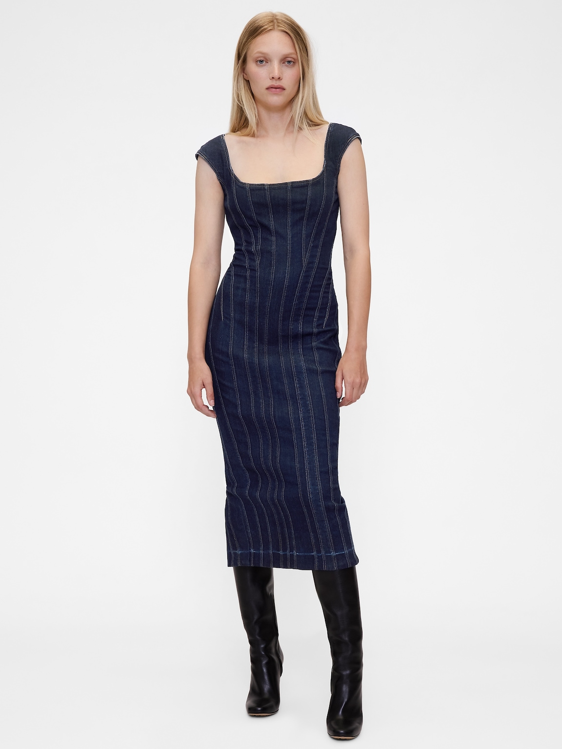 GapStudio Seamed Denim Cap-Sleeve Midi Dress