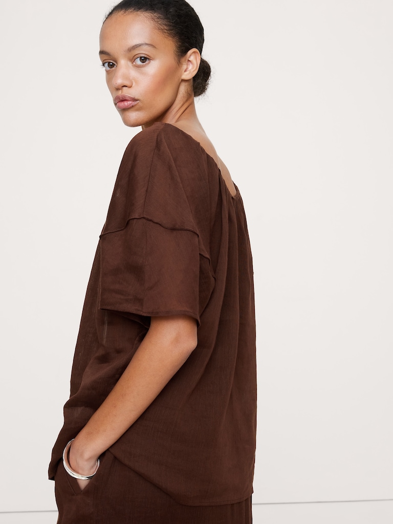 Linen-Viscose Puff-Sleeve Top