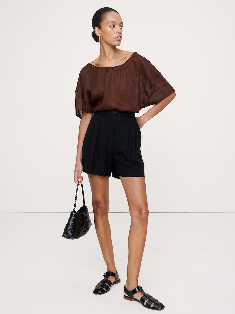 Linen-Viscose Puff-Sleeve Top