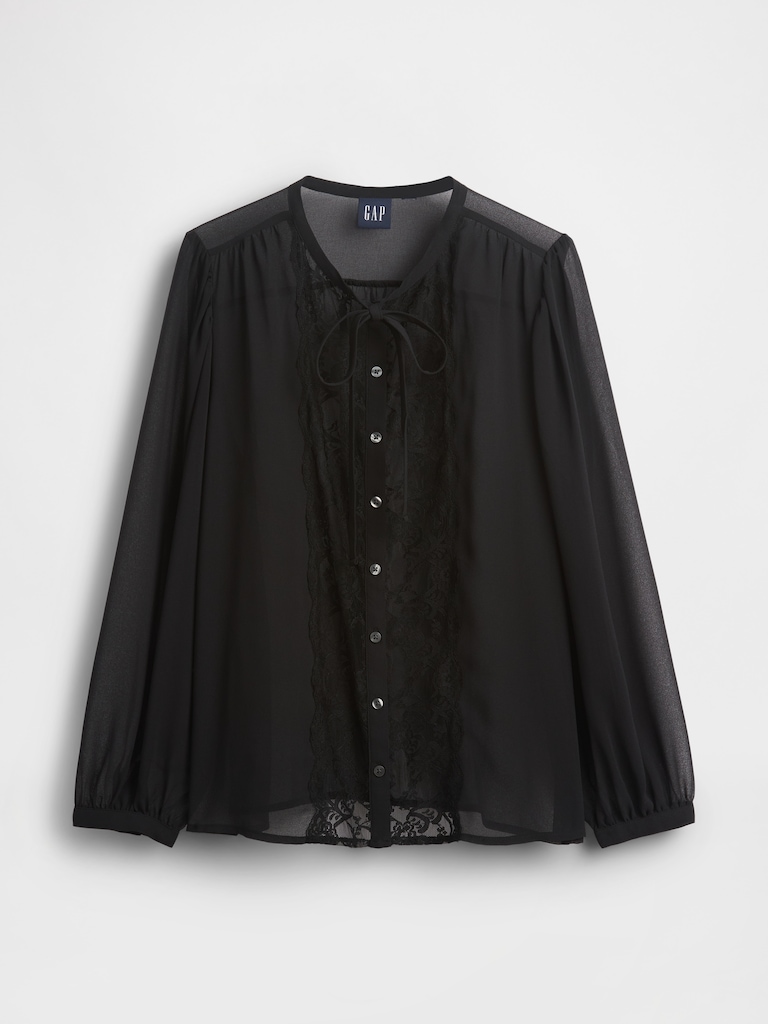 Sheer Recycled Lace Inset Tie-Neck Top