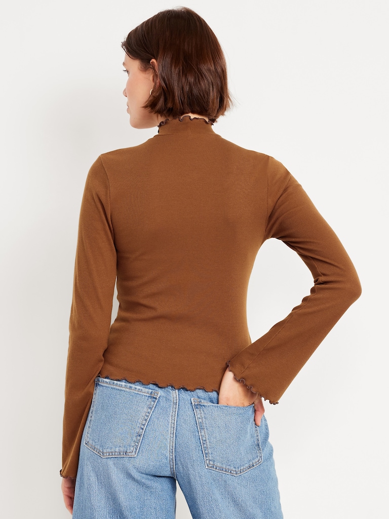 Mock-Neck Lettuce-Edge Rib Top