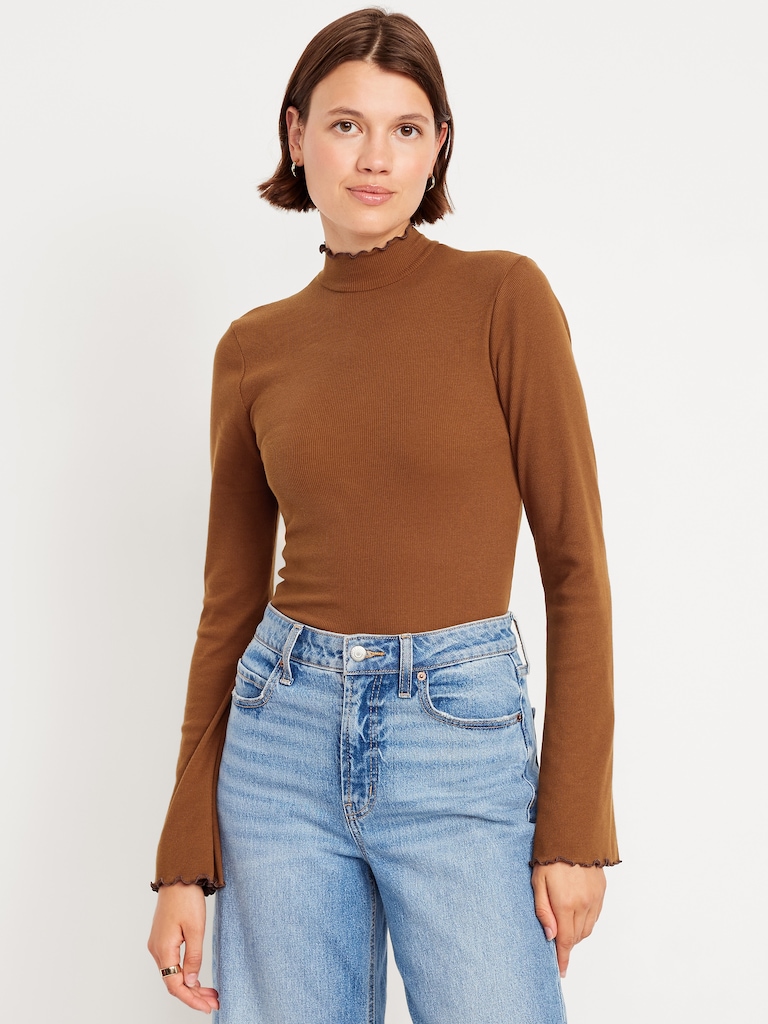 Mock-Neck Lettuce-Edge Rib Top