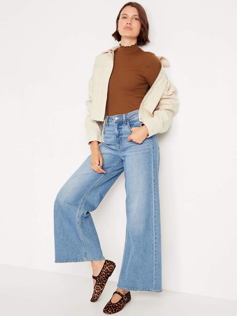 Mock-Neck Lettuce-Edge Rib Top