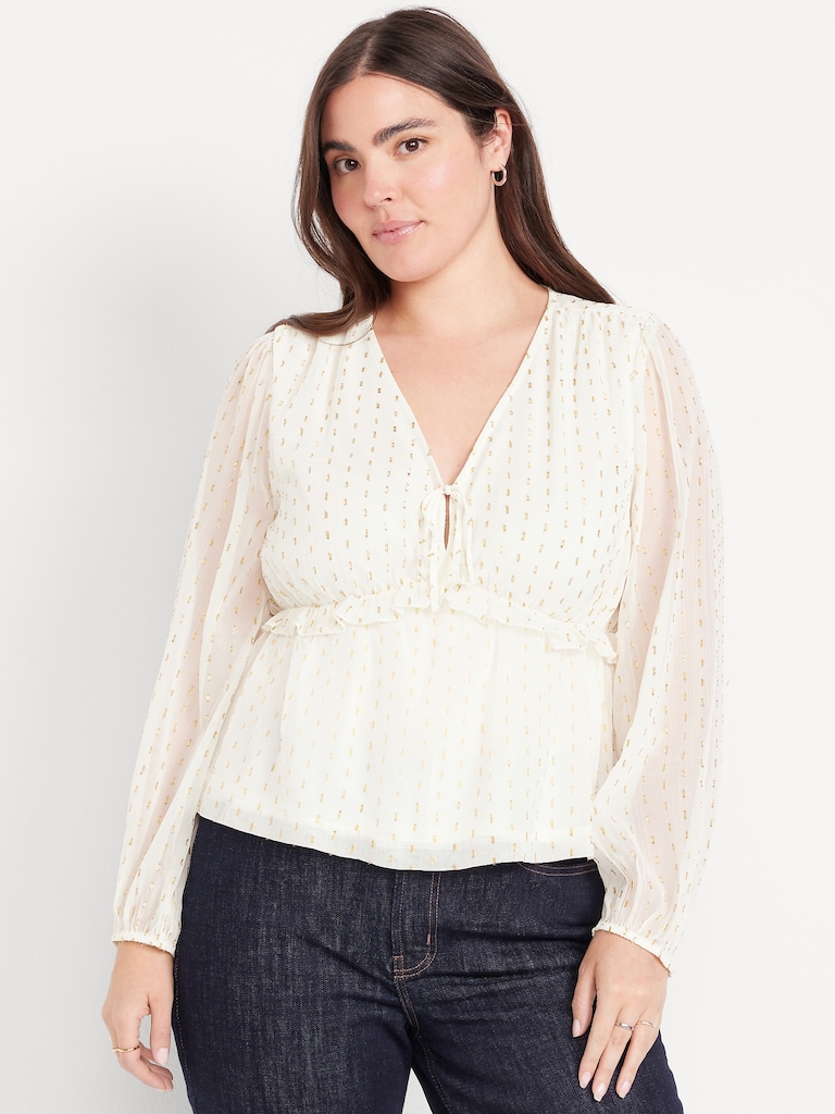 Waist-Defined Ruffle-Trim Clip-Dot Top