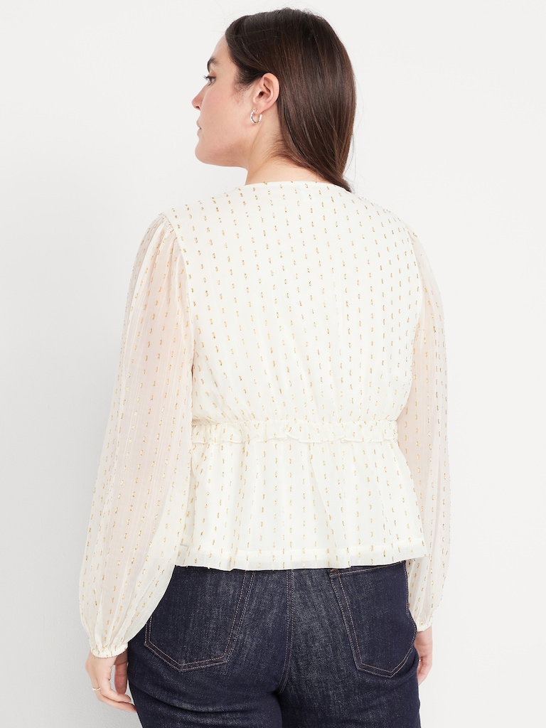Waist-Defined Ruffle-Trim Clip-Dot Top