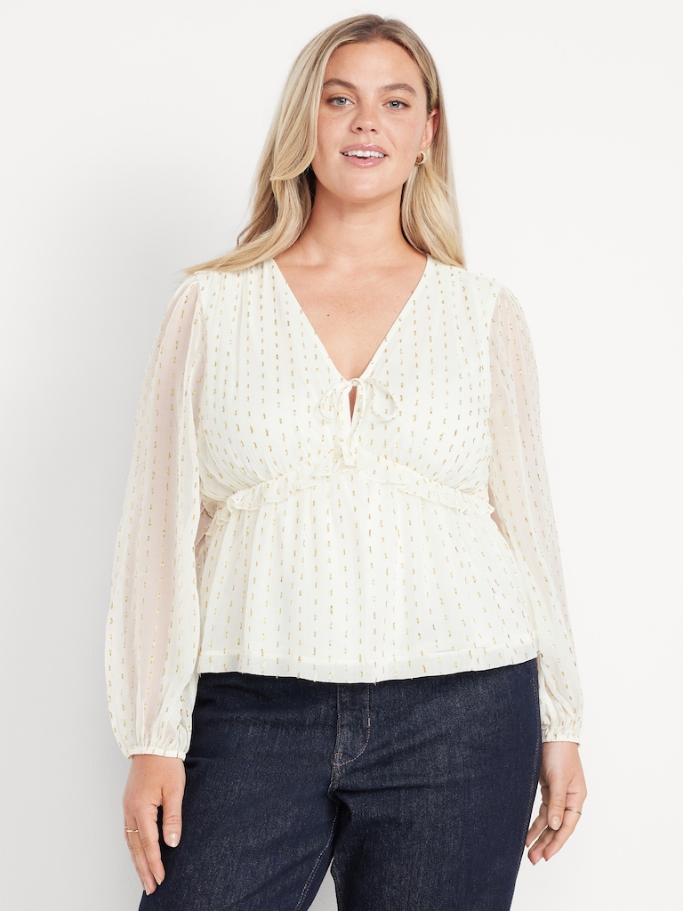 Waist-Defined Ruffle-Trim Clip-Dot Top