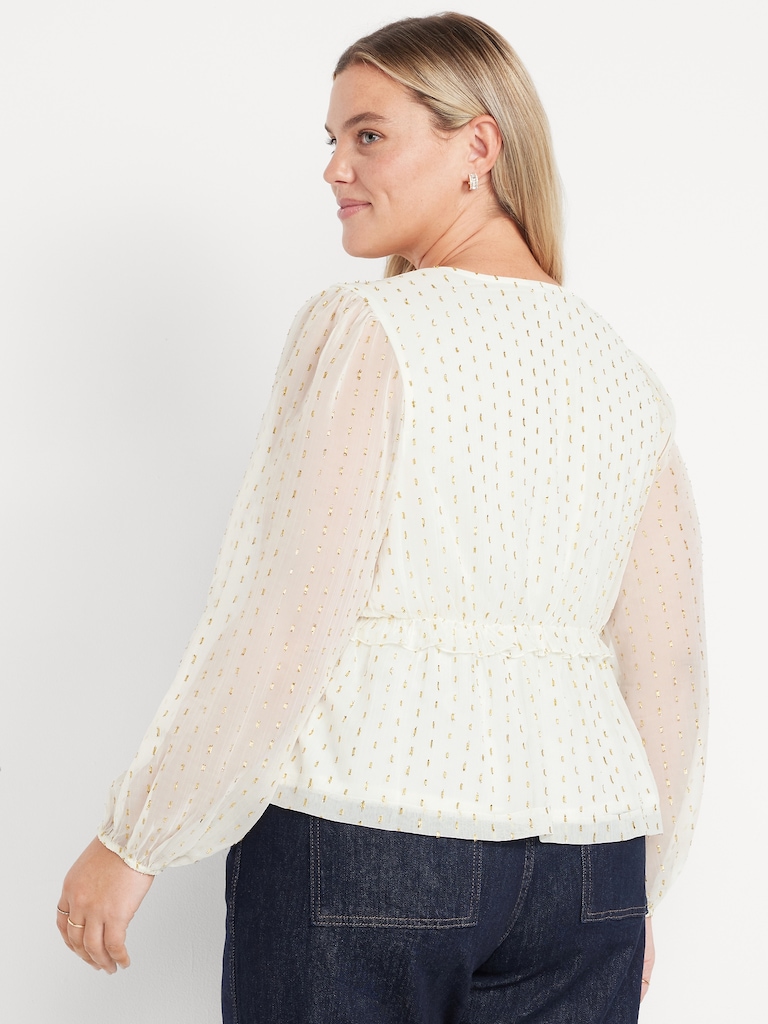 Waist-Defined Ruffle-Trim Clip-Dot Top