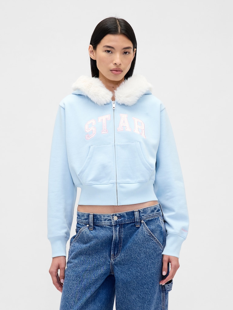 Gap × Sandy Liang Vegan Fur-Trim Crop Zip Hoodie
