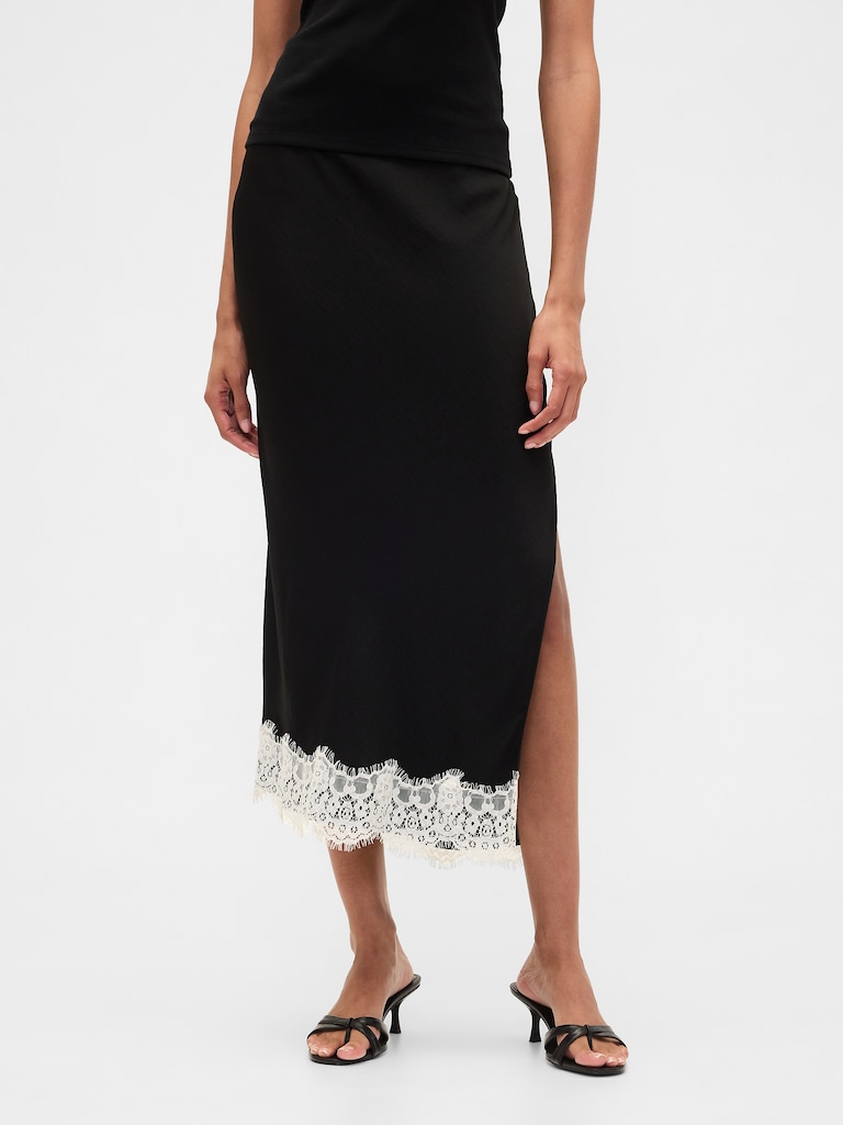 Satin Lace-Hem Slip Skirt