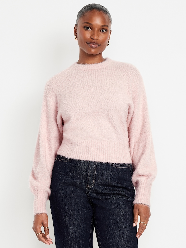 Cropped Crew-Neck Eyelash Sweater