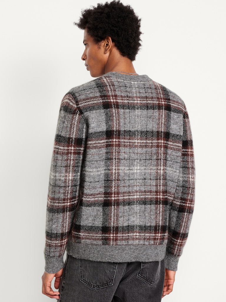 Wool-Blend V-Neck Plaid Sweater