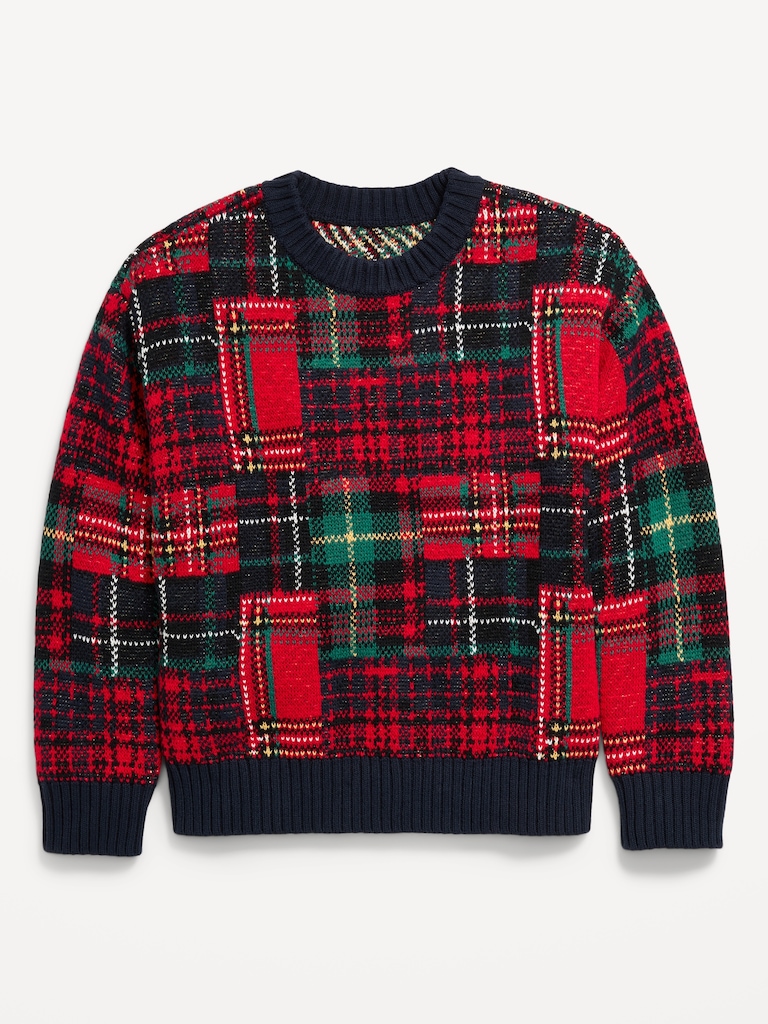 Oversized Plaid Crew-Neck Sweater for Boys
