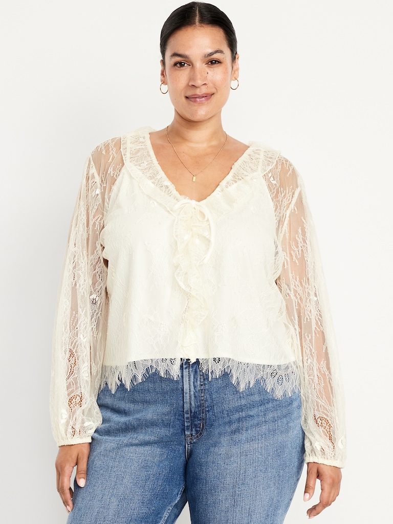 Long-Sleeve Lace V-Neck Lined Top
