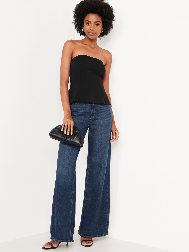 Ponte-Knit Cropped Peplum Tube Top