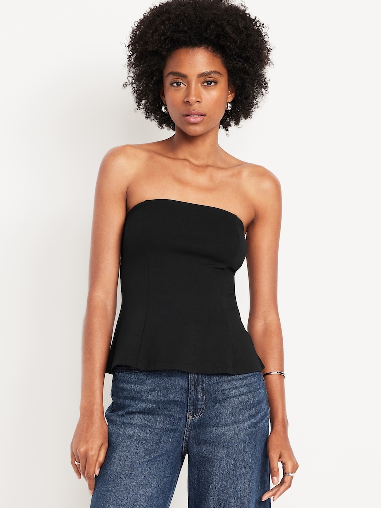 Ponte-Knit Cropped Peplum Tube Top