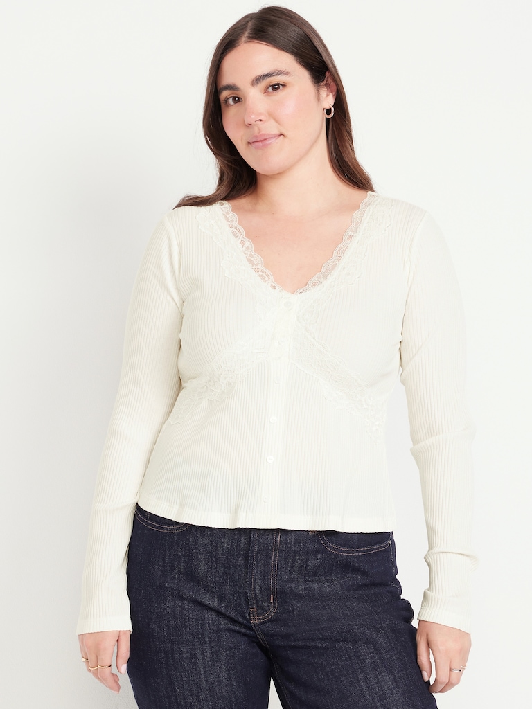 Lace-Trim V-Neck Ribbed Top