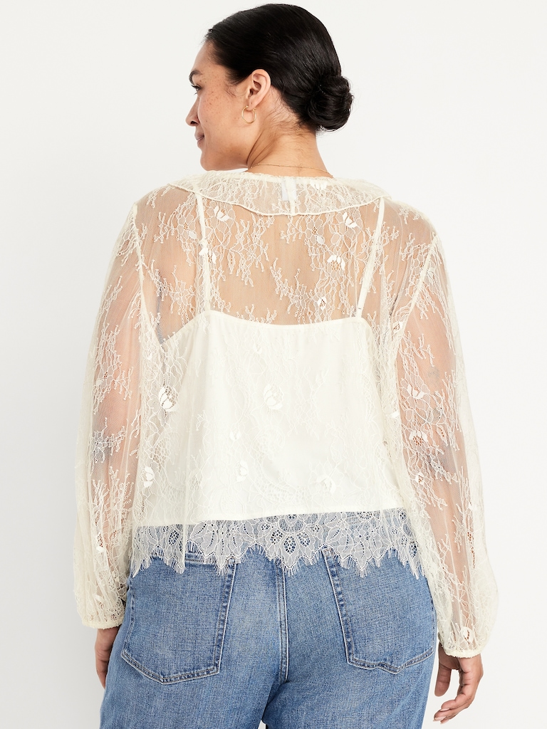 Long-Sleeve Lace V-Neck Lined Top