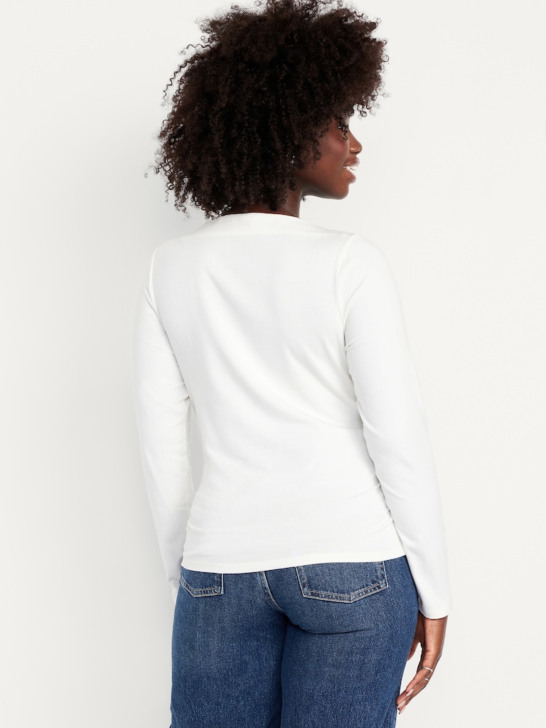 Long-Sleeve Slit-Neck Ruched Top