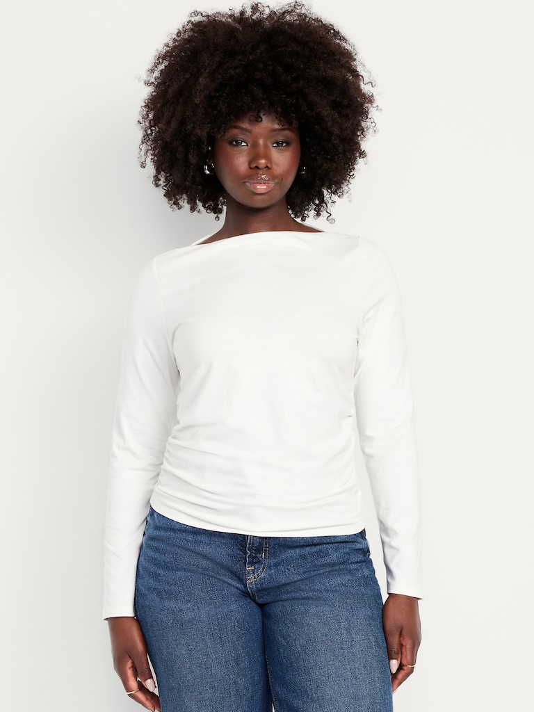 Long-Sleeve Slit-Neck Ruched Top