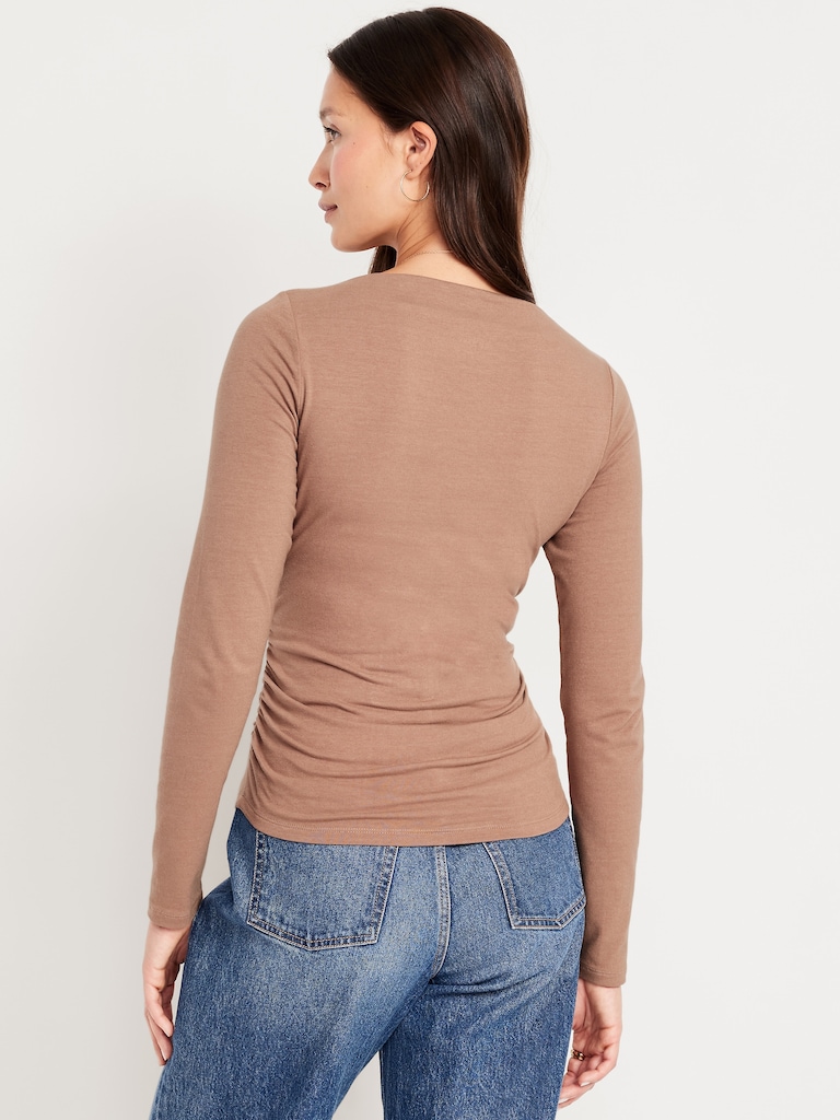 Long-Sleeve Slit-Neck Ruched Top