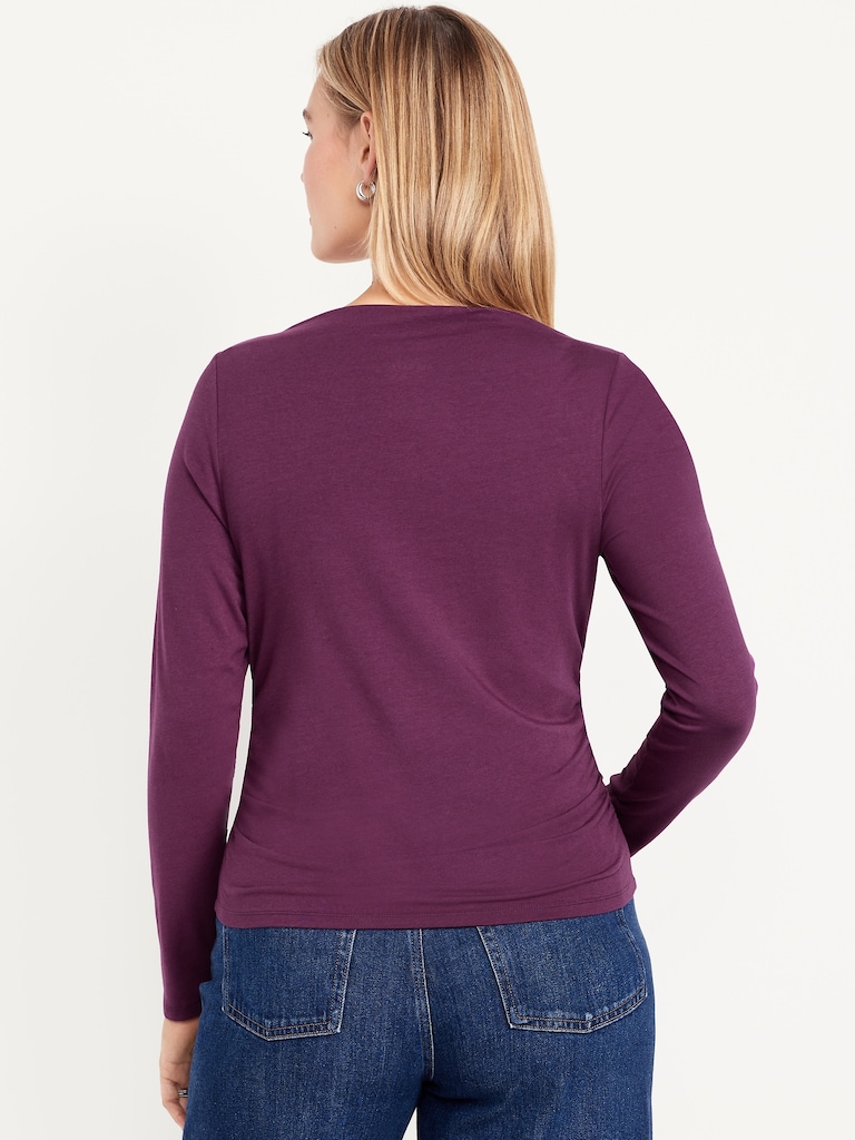 Long-Sleeve Slit-Neck Ruched Top