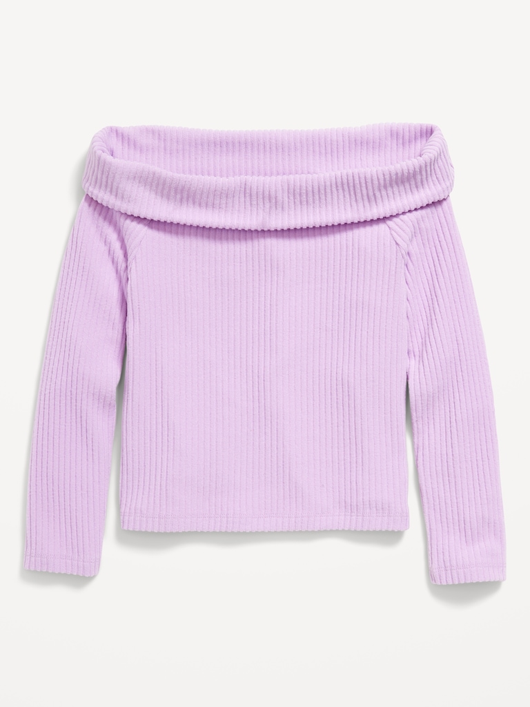CozePlush Off-Shoulder Long-Sleeve Ribbed Top for Girls