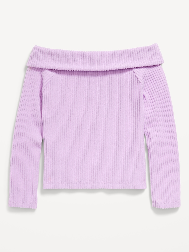CozePlush Off-Shoulder Long-Sleeve Ribbed Top for Girls