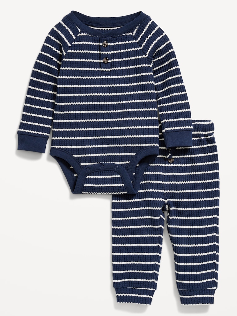 Long-Sleeve Thermal-Knit Henley Bodysuit and Pants Set for Baby