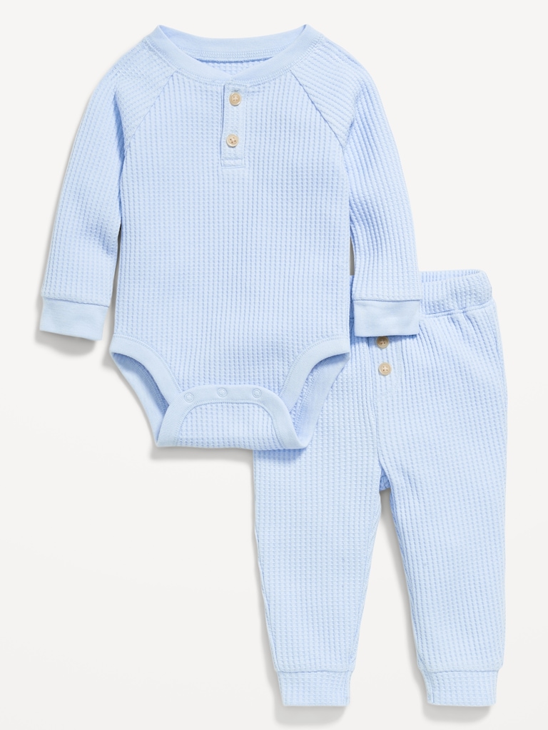 Long-Sleeve Thermal-Knit Henley Bodysuit and Pants Set for Baby