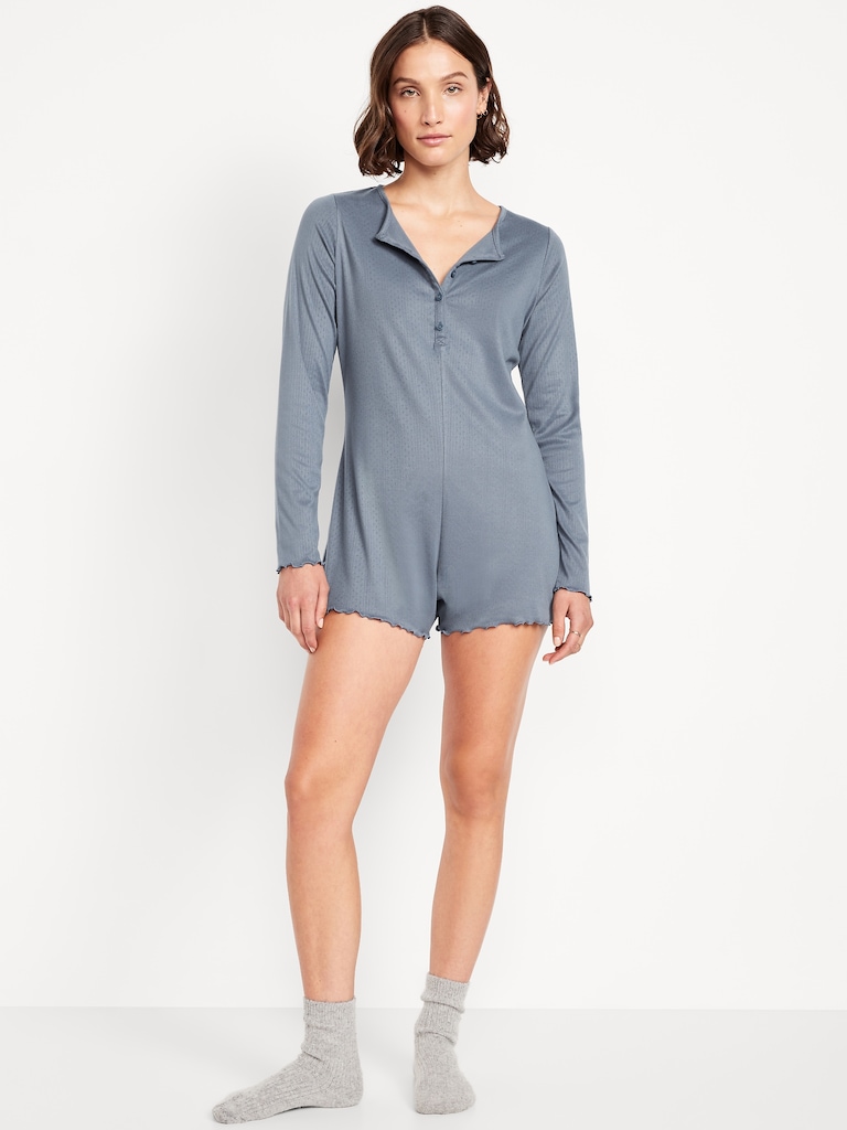 Long-Sleeve Pointelle Henley Pajama Romper