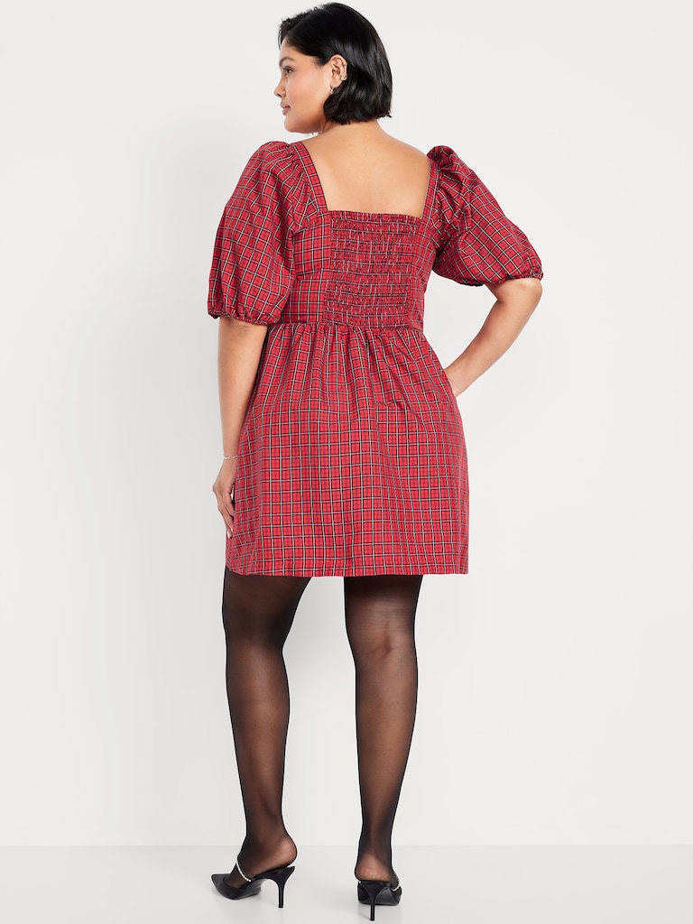 Puff-Sleeve Plaid Fit & Flare Taffeta Mini Dress