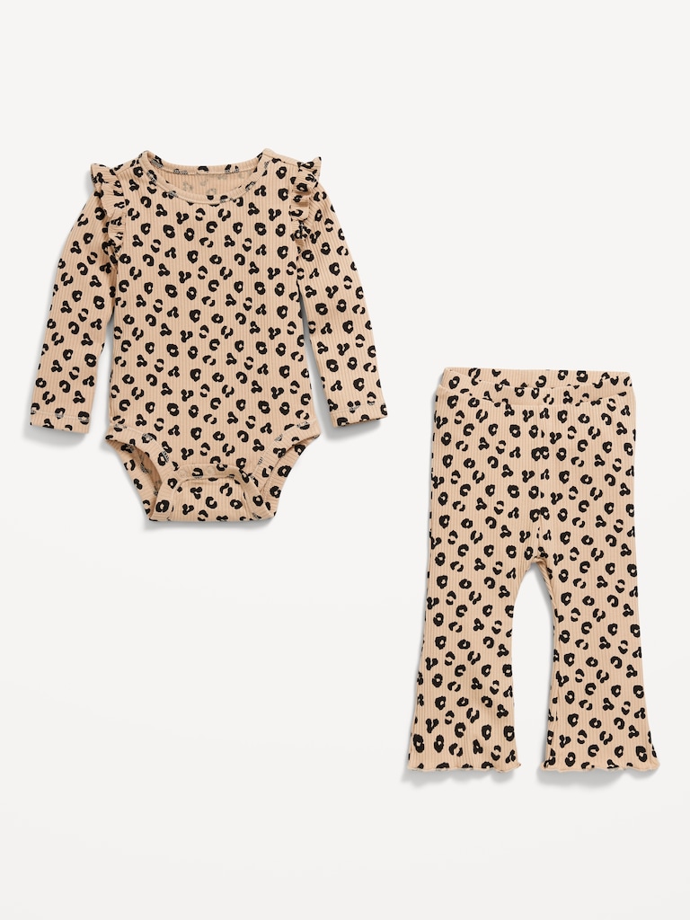 Printed Ribbed Ruffle-Trim Bodysuit and Pants Set for Baby