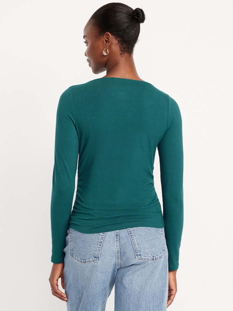 Long-Sleeve Slit-Neck Ruched Top